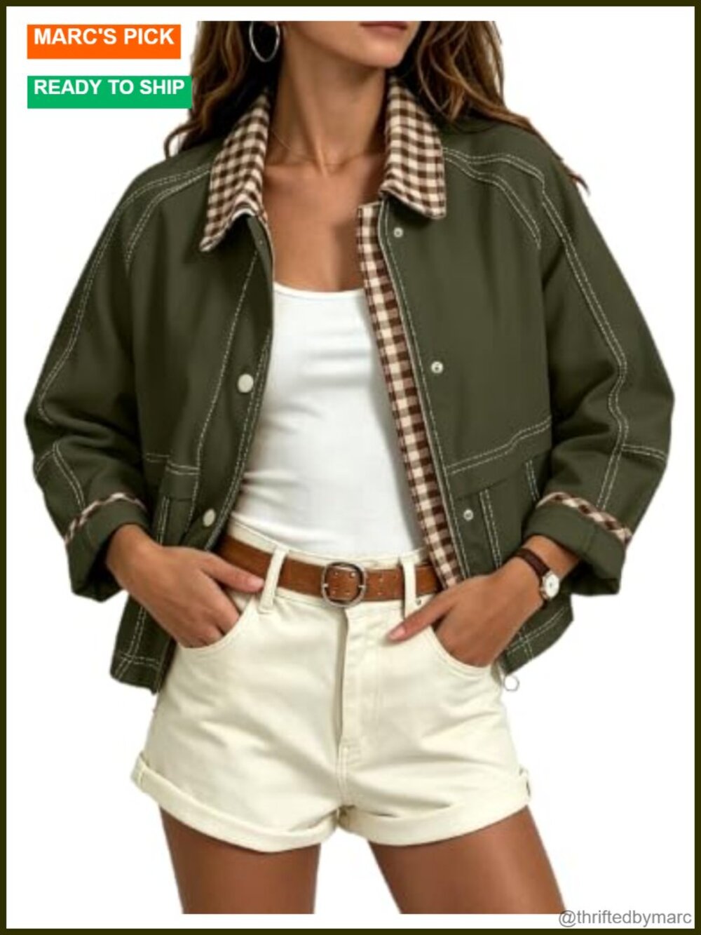Women's Cropped Plaid Bomber Jacket Lightweight Zip Barn Coat